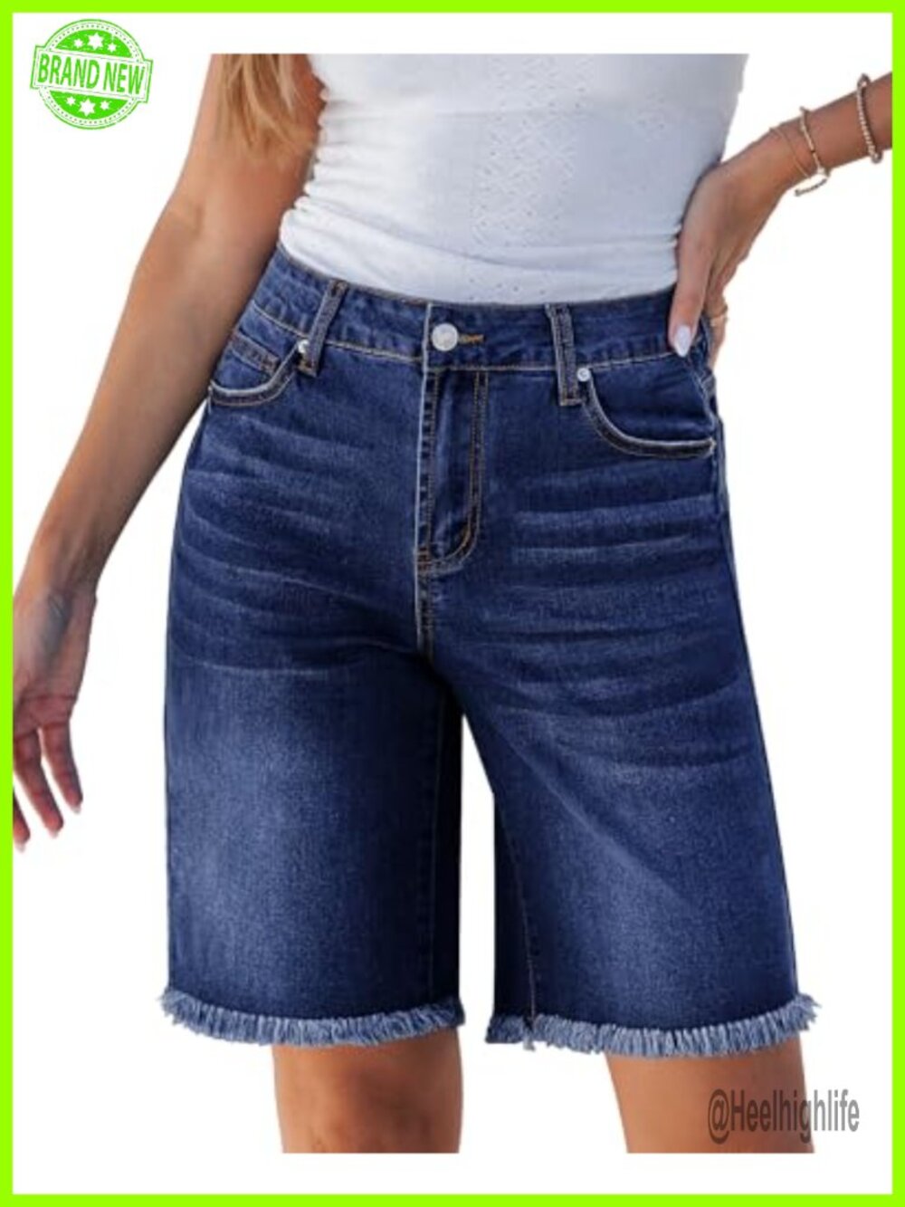 Women's Mid Rise Raw Hem Bermuda Jean Shorts Knee Length Stretchy Denim Summer